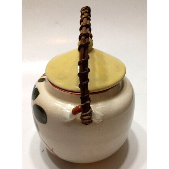 Vintage Stoneware Tea Pot Bamboo Handle Japan Blue Flowers Green Leaves - Picture 11 of 11